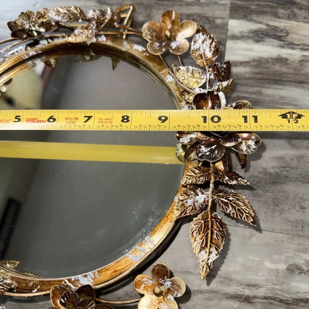 Vintage Ornate Metal Gold Floral Ivy Round Mirror Hanging Table Top Frame 11 In